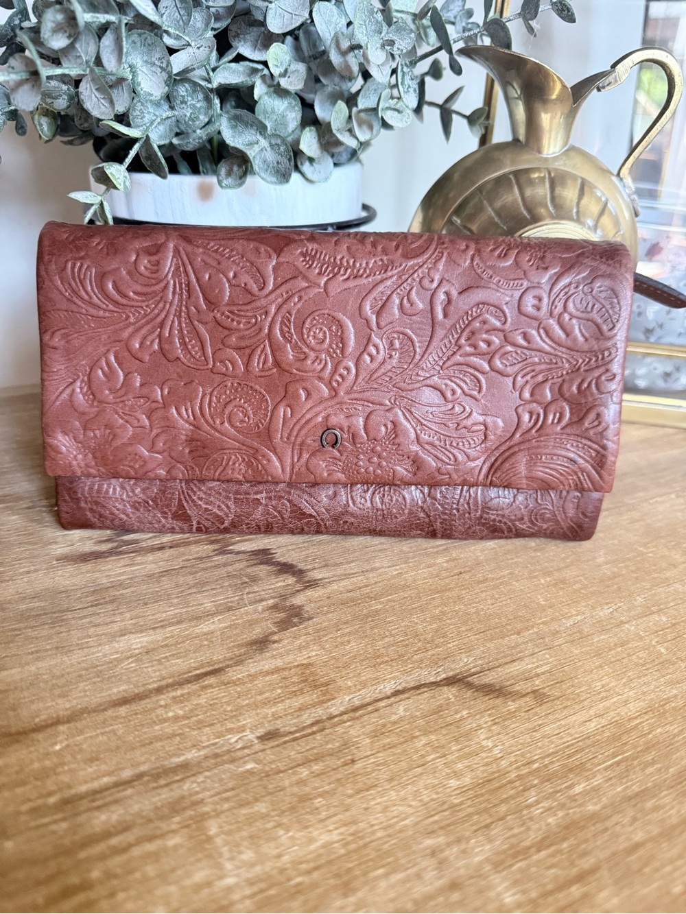 Embossed Fold-Over Leather Clutch Wallet - Brown